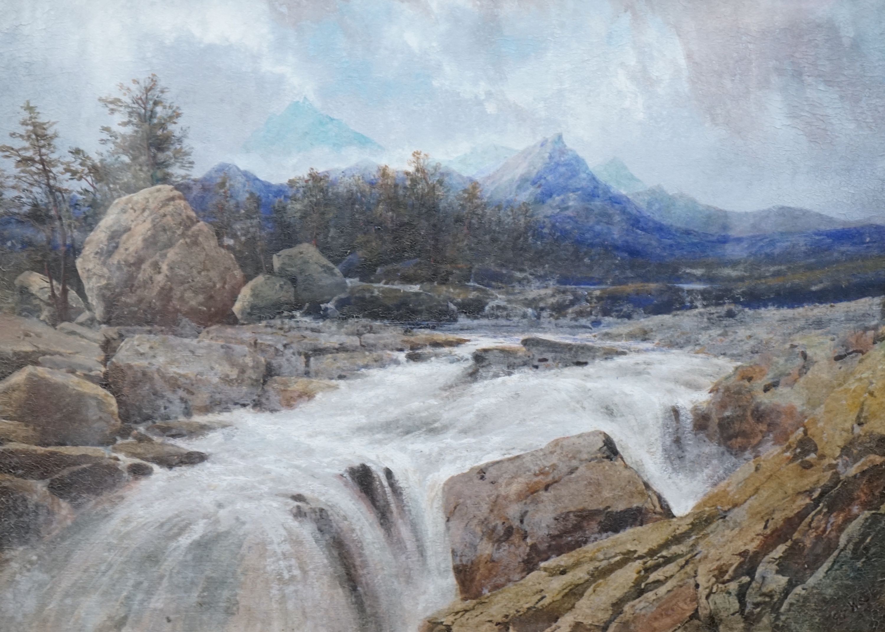 Edgar E. West (1857-1892), oil on canvas, Torrent in a mountain landscape, signed, 48 x 65cm